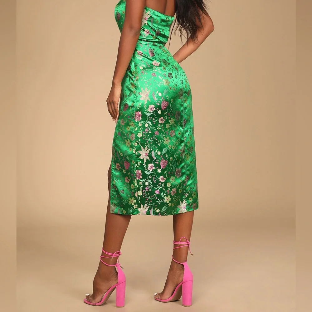 Lulus Make a Move Green Satin Floral Jacquard Strapless
Midi Dress - Picture 2 of 8